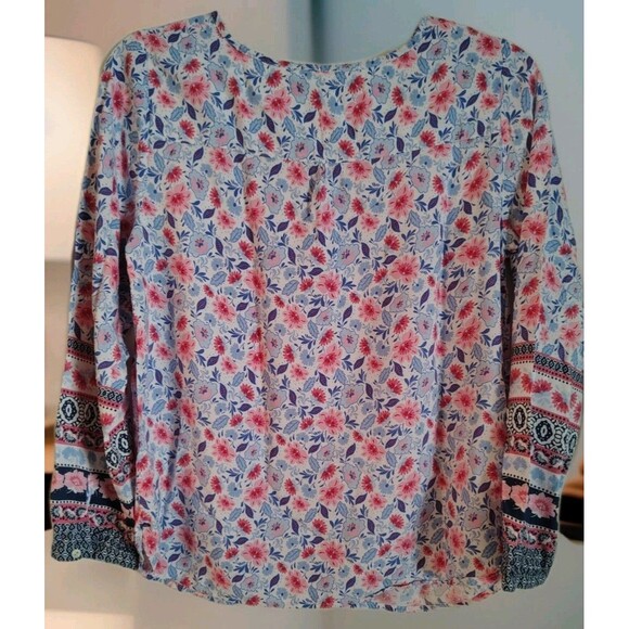 Talbots Petite Size MP Botanical Henley Blouse Blue/Pink Floral Rayon - Picture 3 of 9
